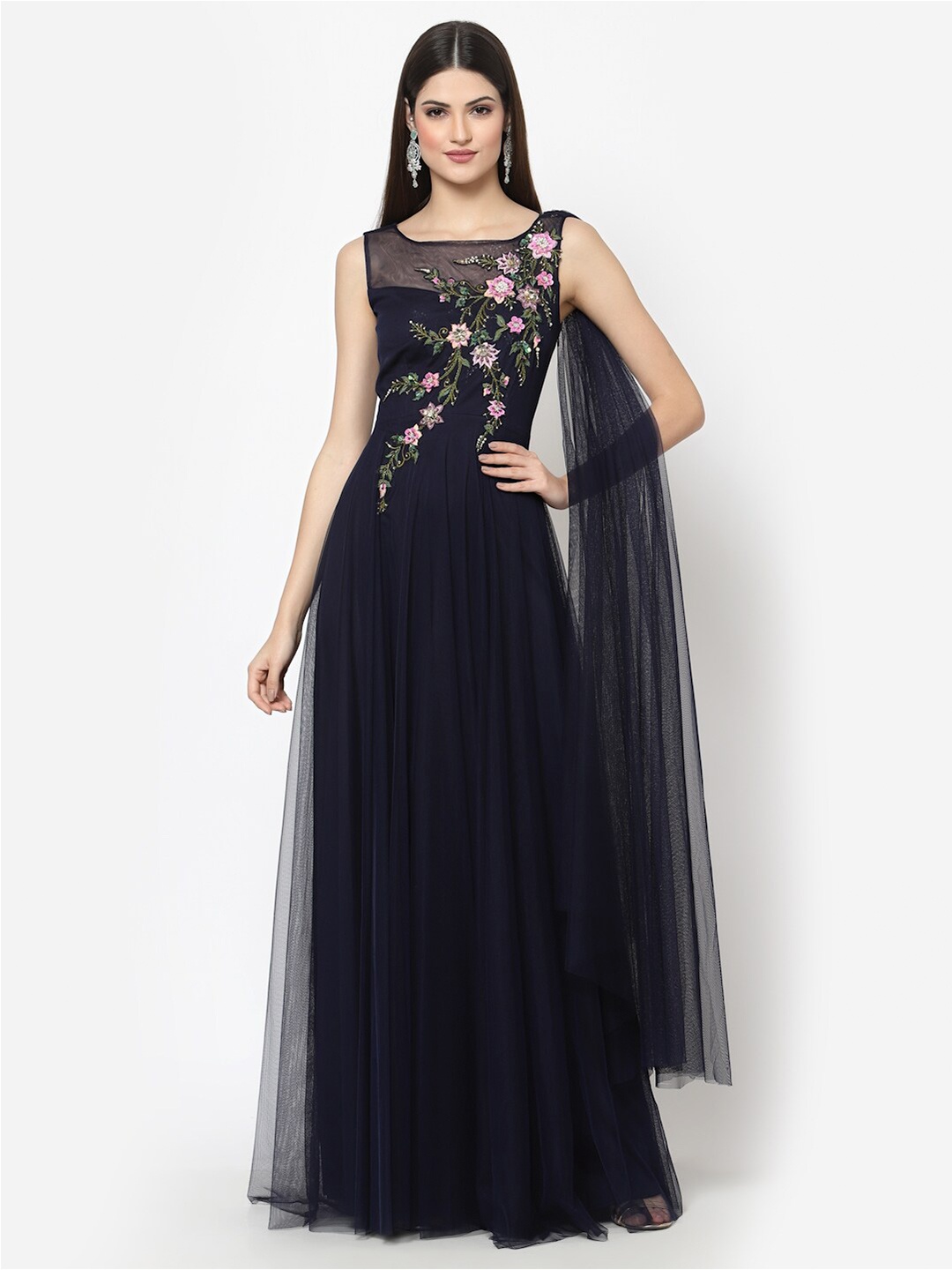 

Just Wow Women Navy Blue Embellished Net Maxi Dress