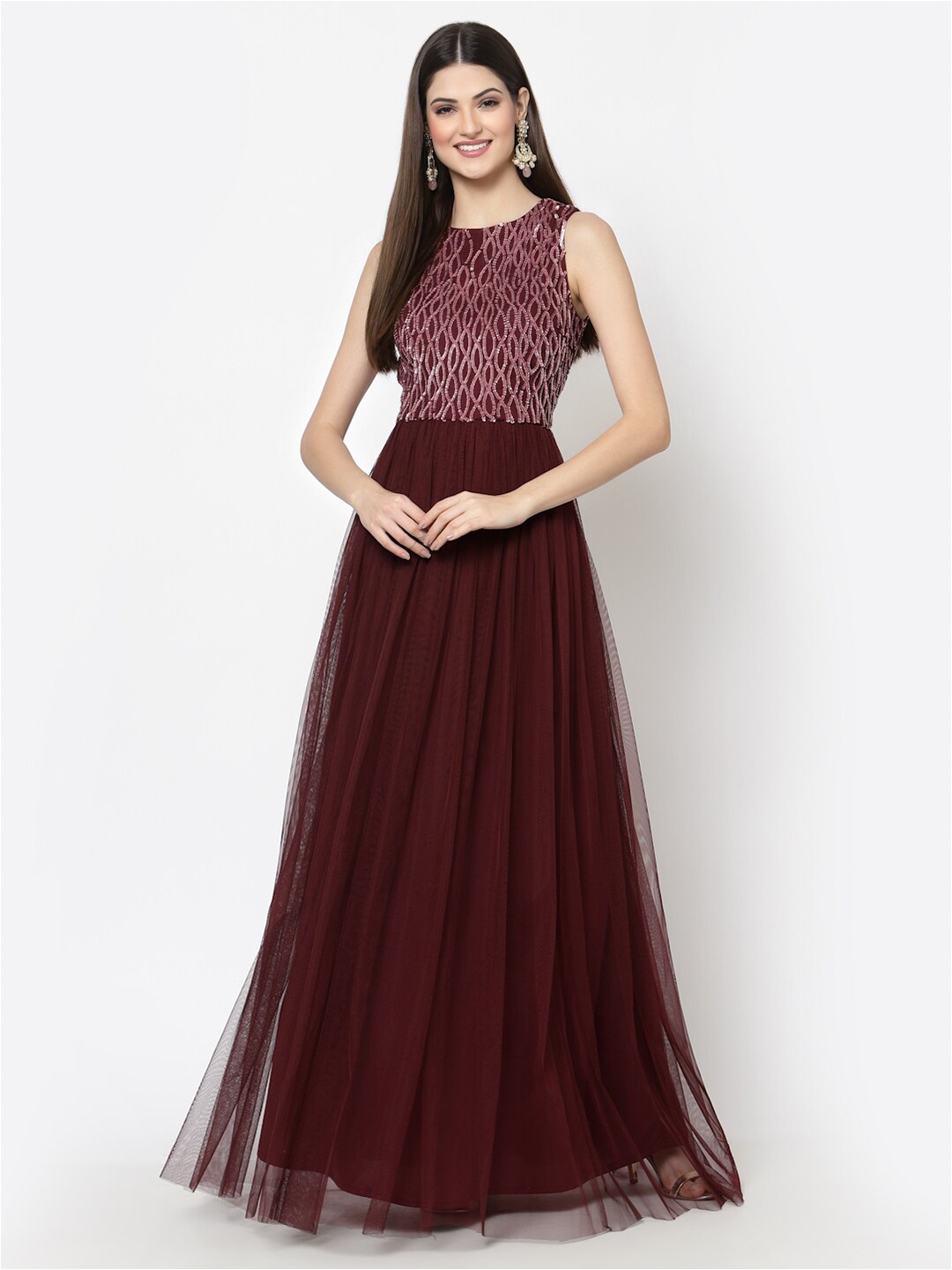 

Just Wow Burgundy Embellished Net Maxi Dress