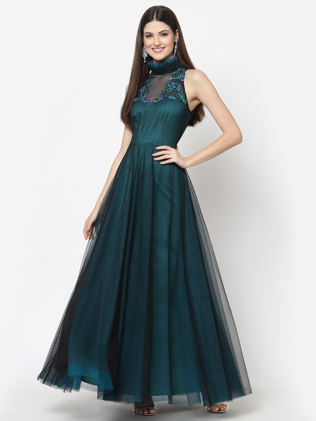 

Just Wow Green High Neck Embellished Net Maxi Dress