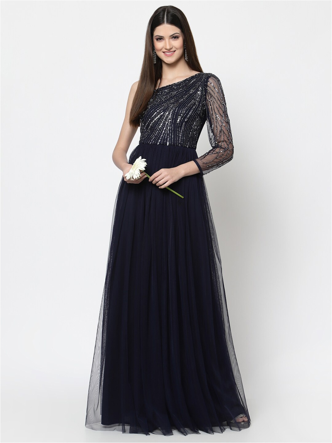 

Just Wow Navy Blue Embellished One Shoulder Net Maxi Dress