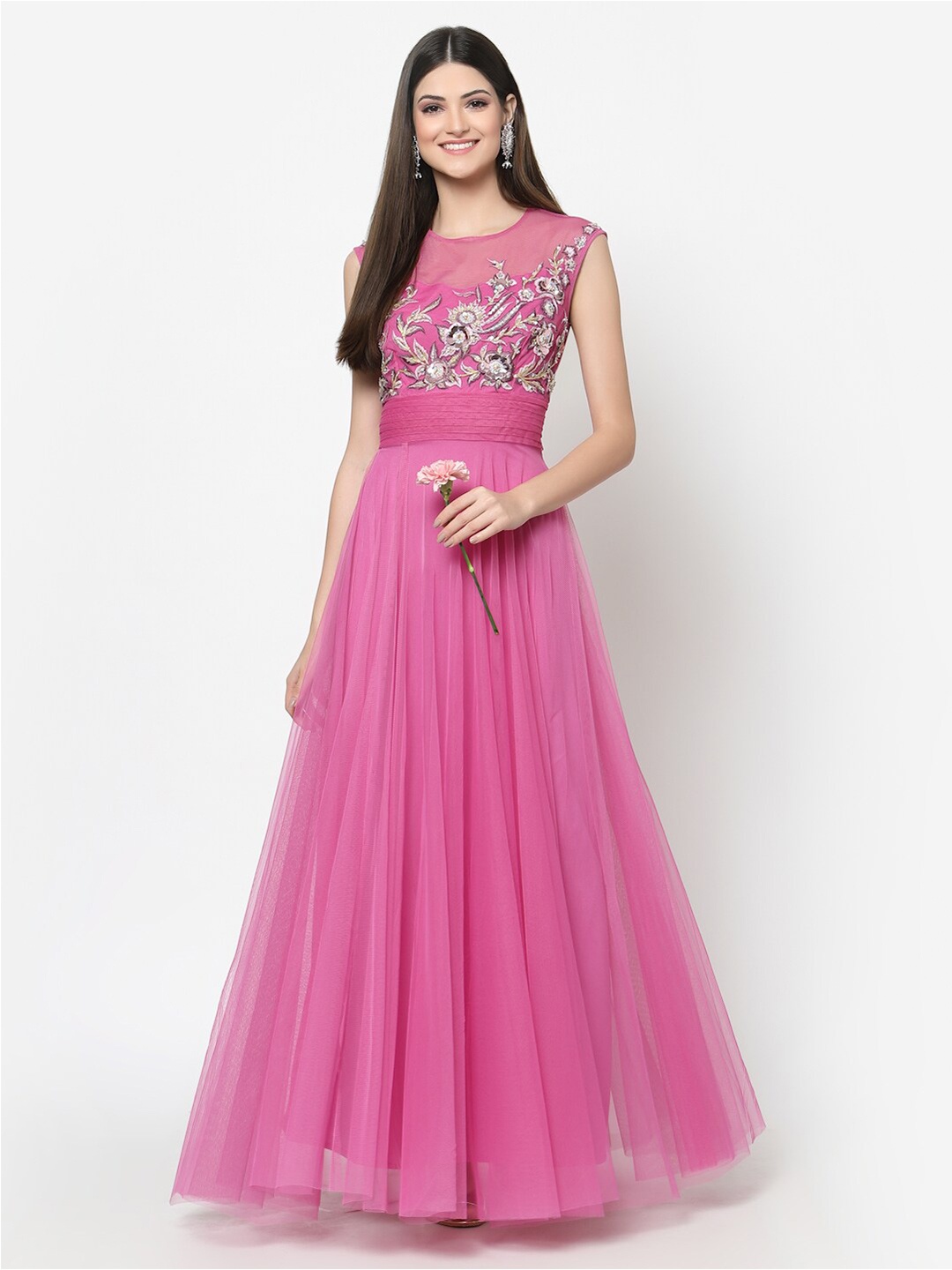 

Just Wow Women Pink & Gold-Toned Embellished Net Flared Dress