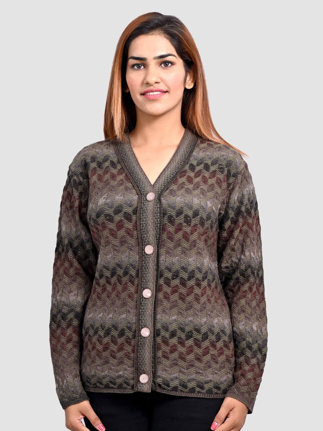 

aarbee Women Camel Brown & White Front Open Cardigan