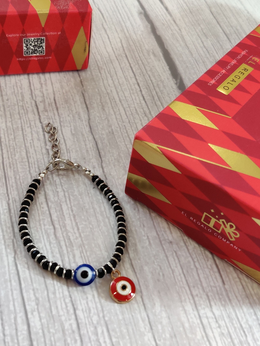 

EL REGALO Baby Silver-Tone Black Beaded Nazaria Evil-Eye Bracelet Rakhi
