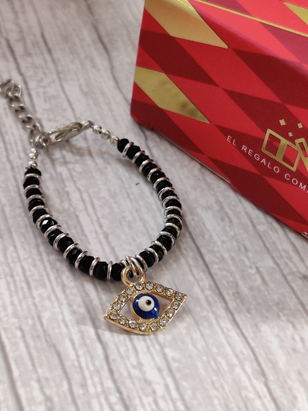 EL REGALO Baby Black Gold Beaded Nazaria Evil-Eye Charm Bracelet Rakhi