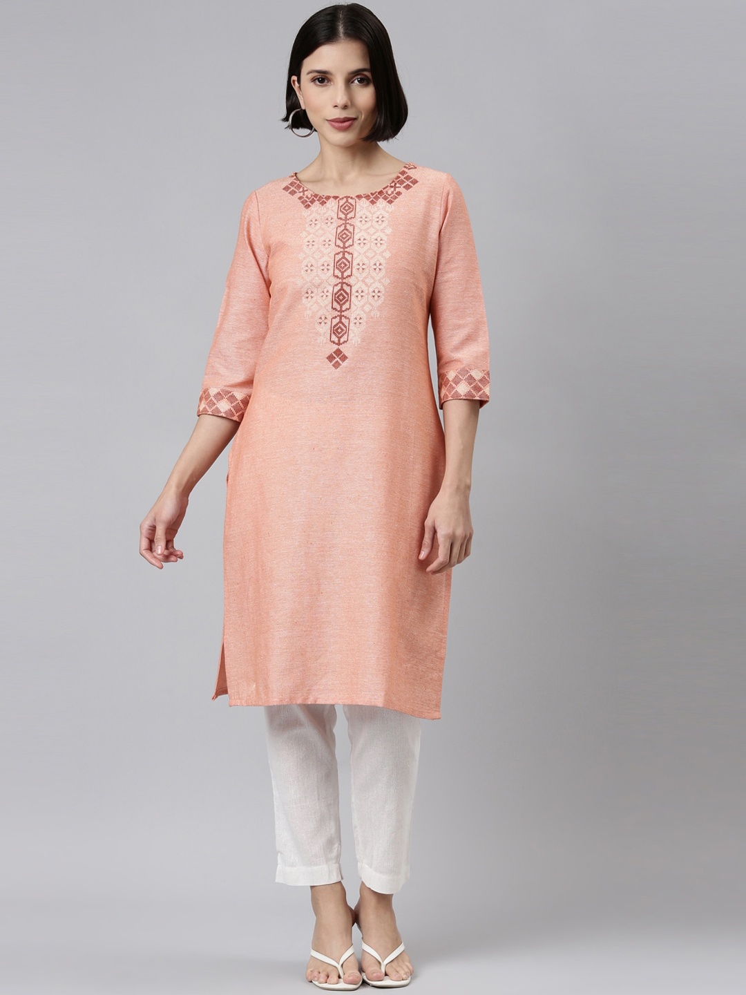 

Marcia Women Peach-Coloured Thread Work Straight Kurta