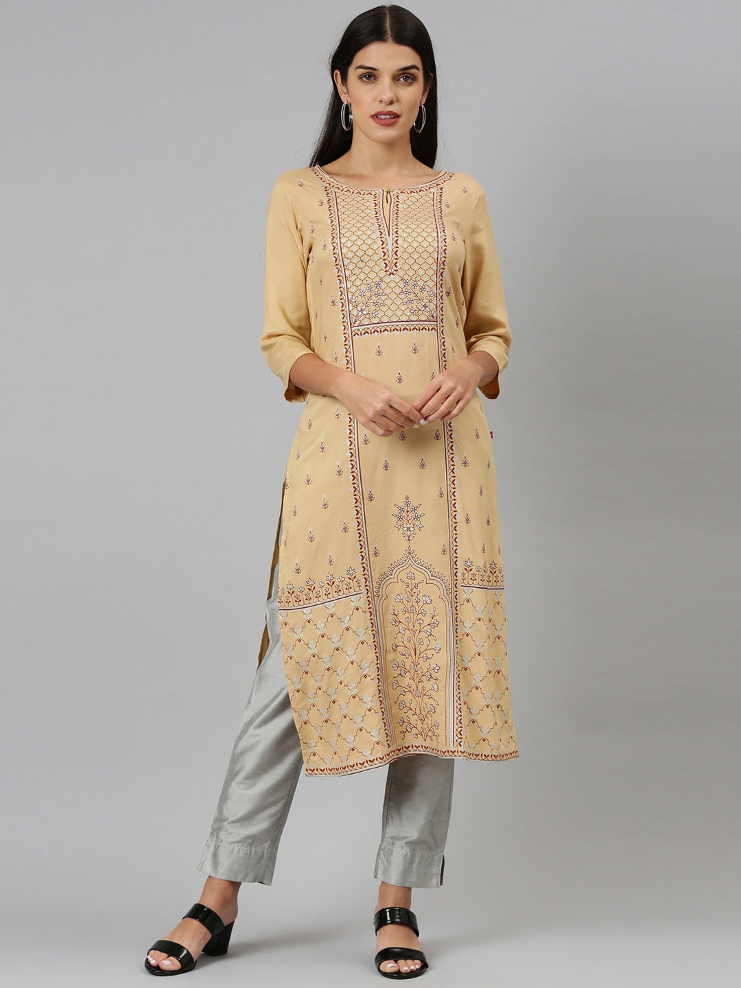 

Marcia Women Beige Ethnic Motifs Embroidered Keyhole Neck Flared Sleeves Thread Work Kurta