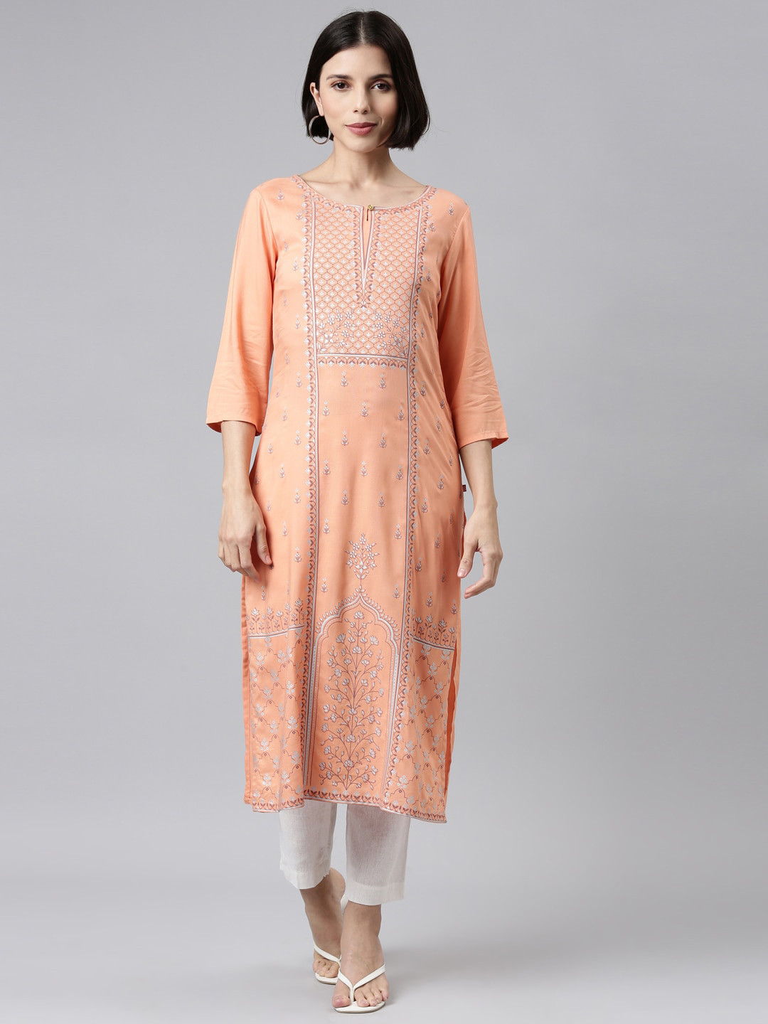 

Marcia Women Peach-Coloured Floral Printed Kurta