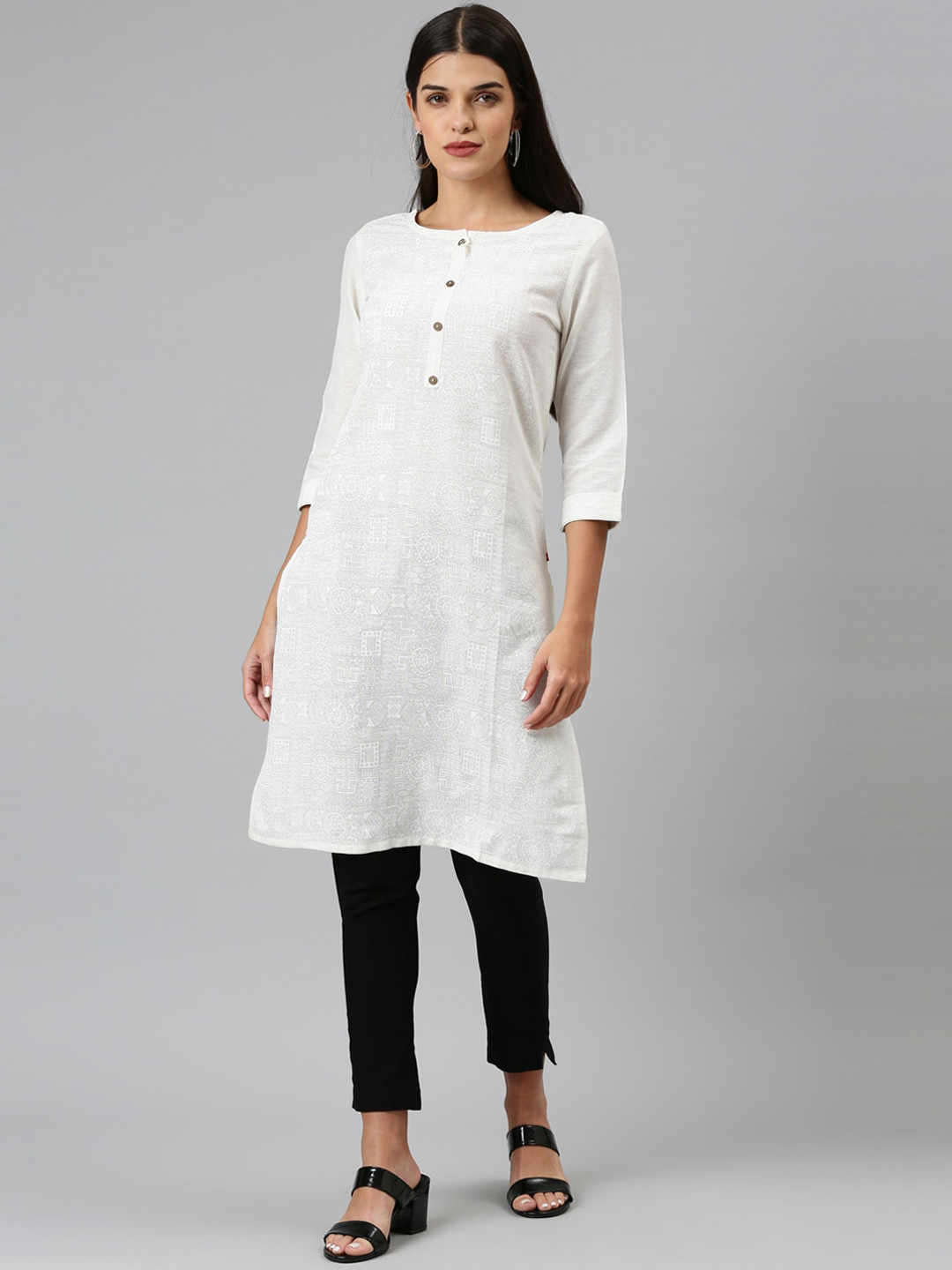 

Marcia Women White Geometric Cotton Kurta