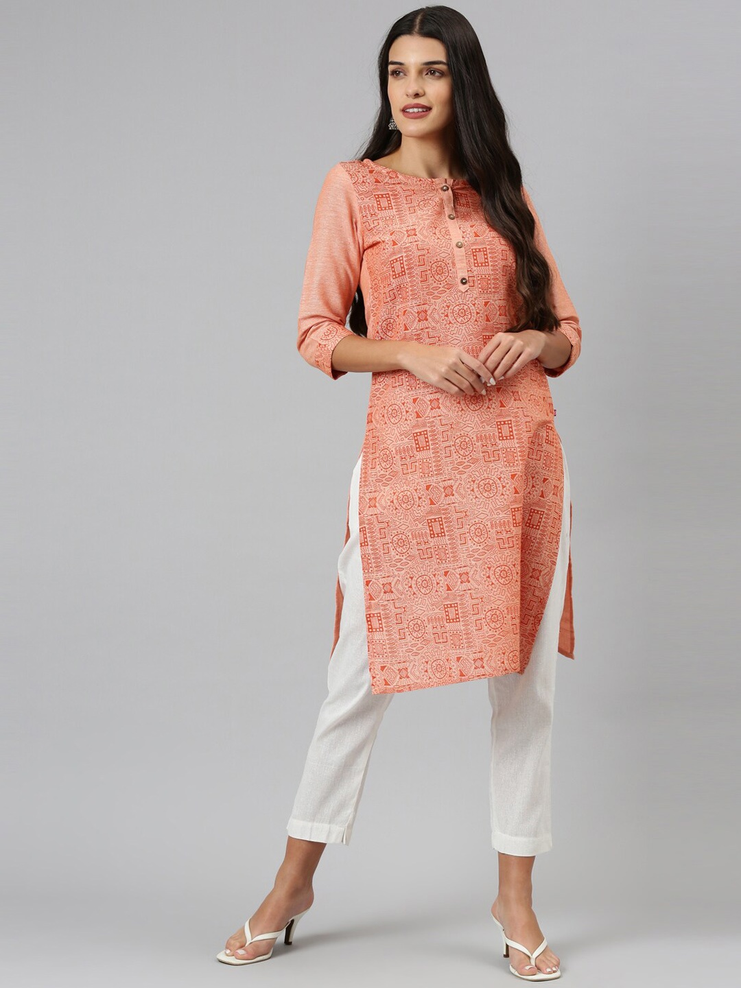 

Marcia Women Orange Geometric Printed Cotton Kurta