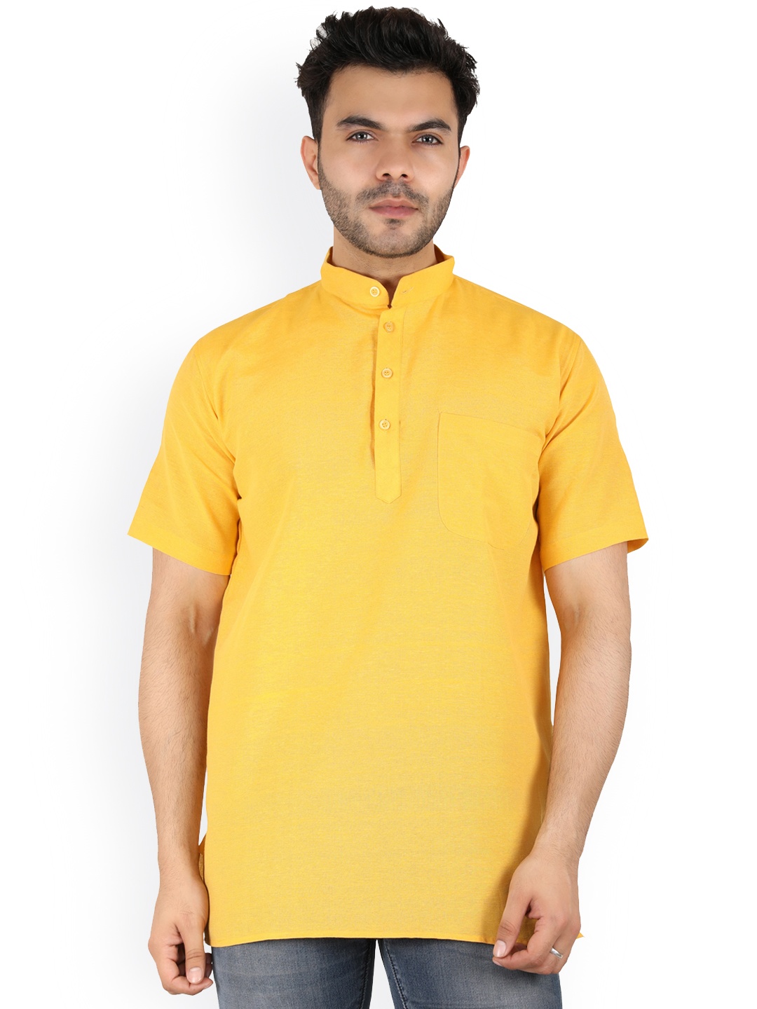 

Latest Chikan Garments Men Yellow Solid Short Kurta