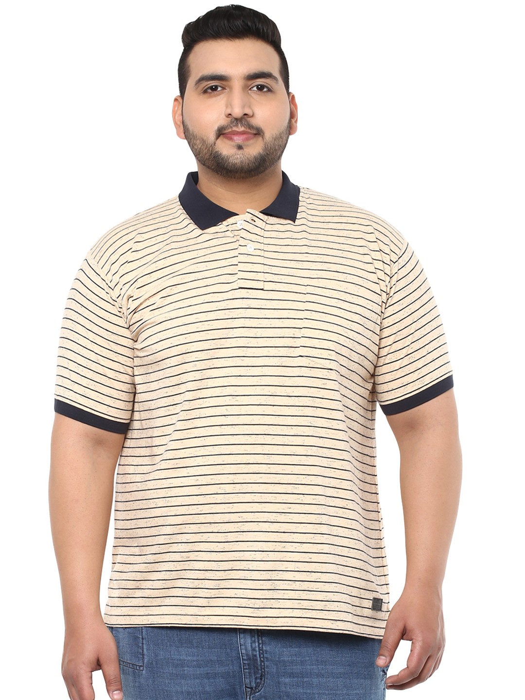 

John Pride Plus Size Men Yellow Striped Polo Collar T-shirt