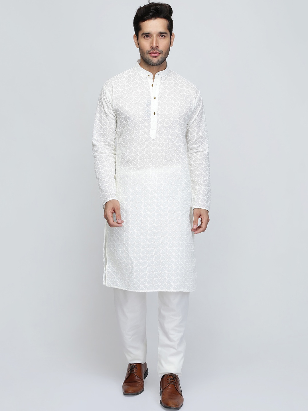 

ROYAL KURTA Men's Cream-Coloured Layered Pure Cotton Kurta With Pyjama