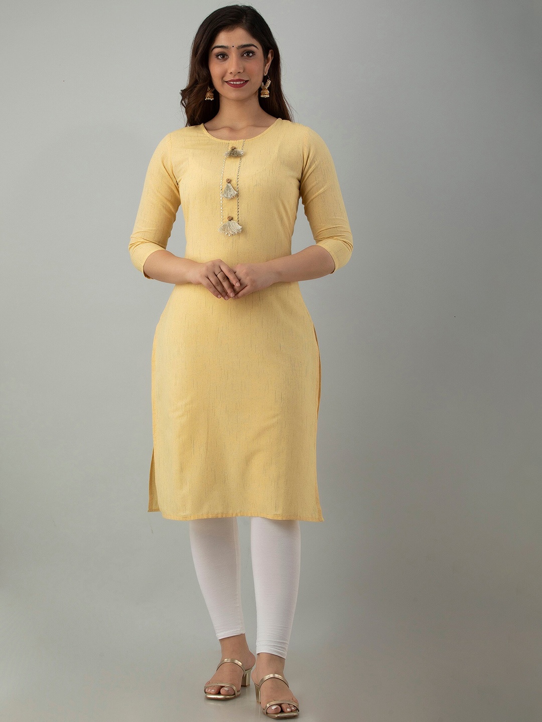 

Charu Women's Yellow Striped Yarn Dyad Sideslit Kurta