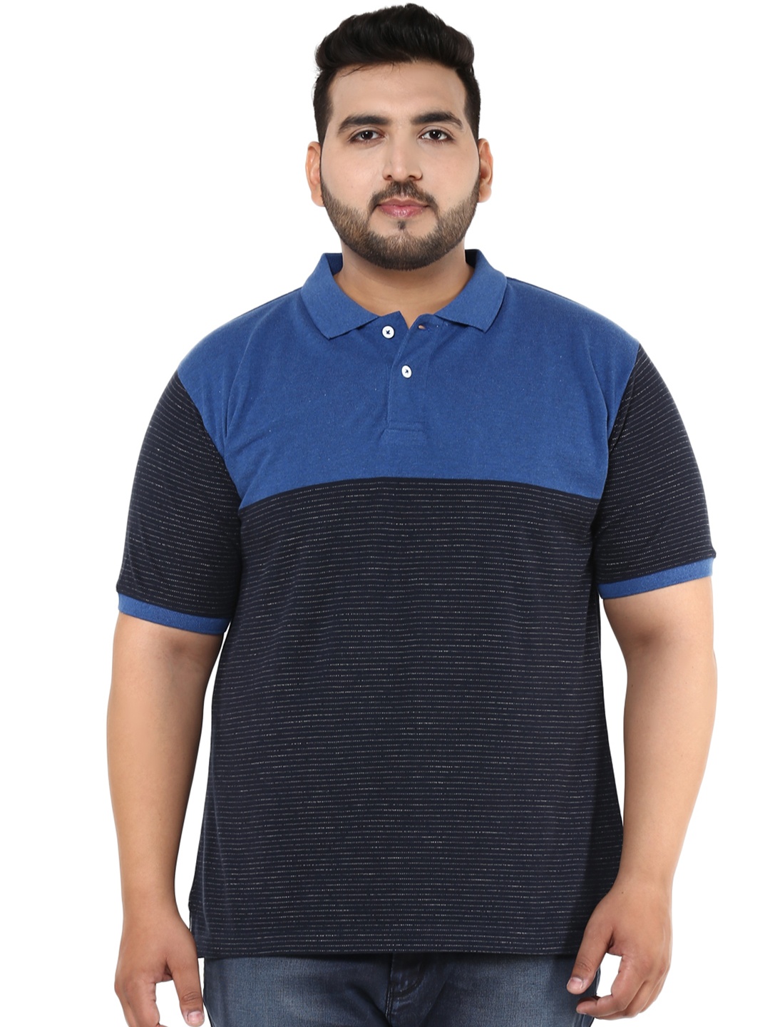 

John Pride Plus Size Men Blue Striped Polo Collar T-shirt