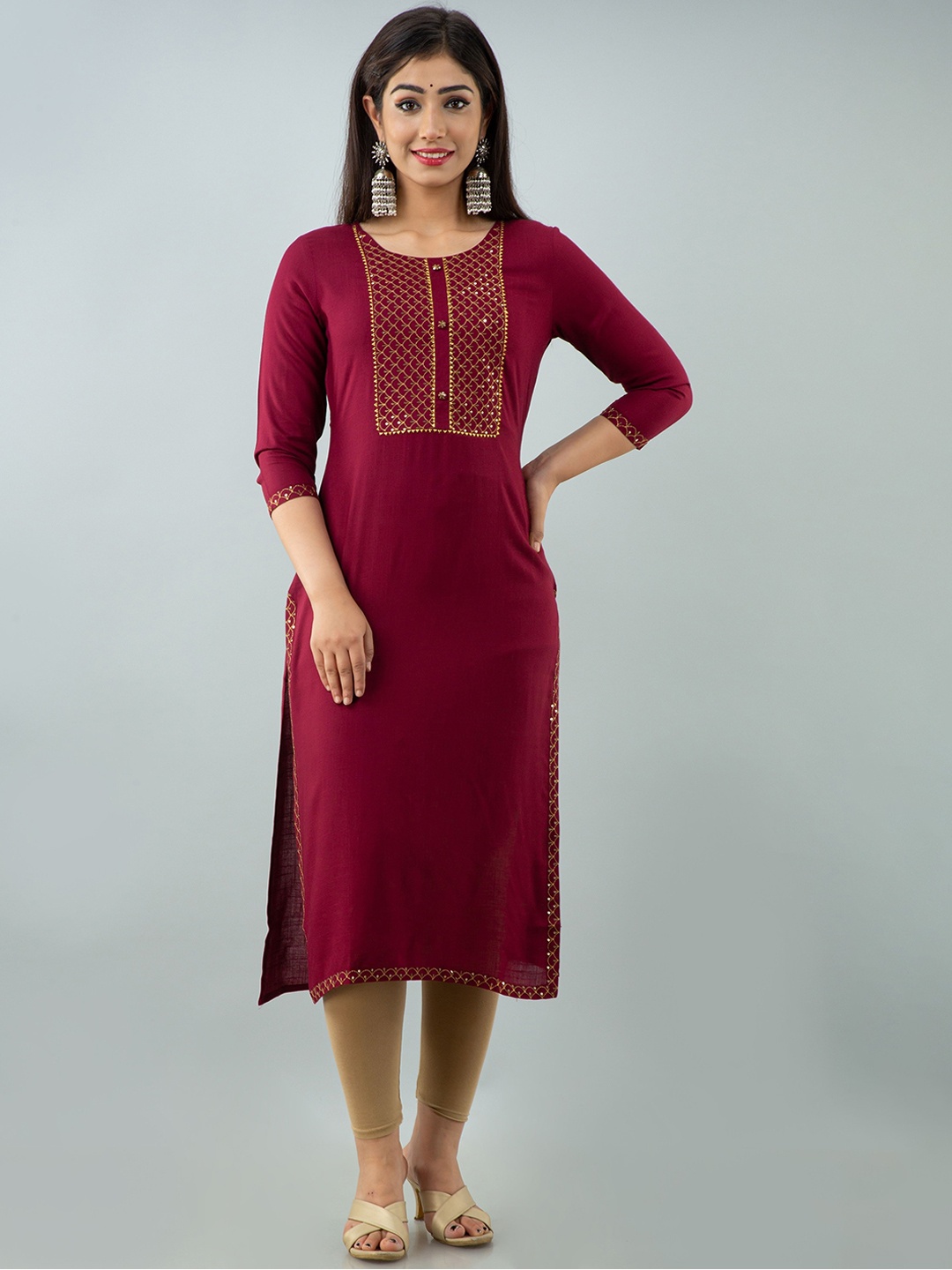 

Charu Women Maroon Embroidered Viscose Rayon Straight Kurta