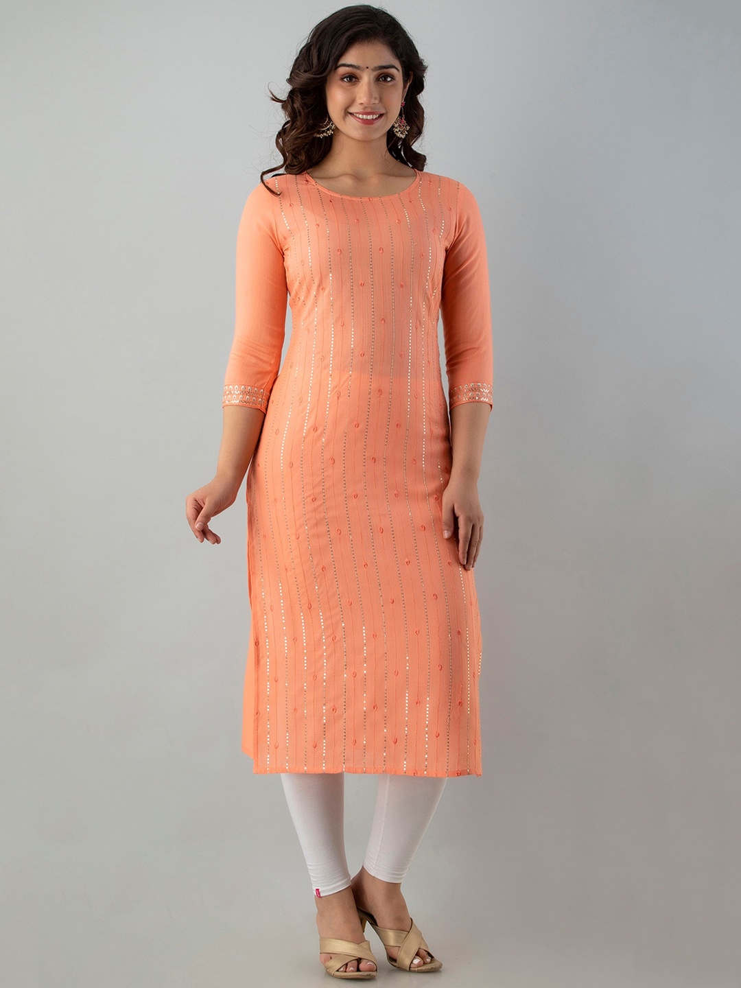 

Charu Women Peach Round Neck Embroidered Rayon Straight Kurta