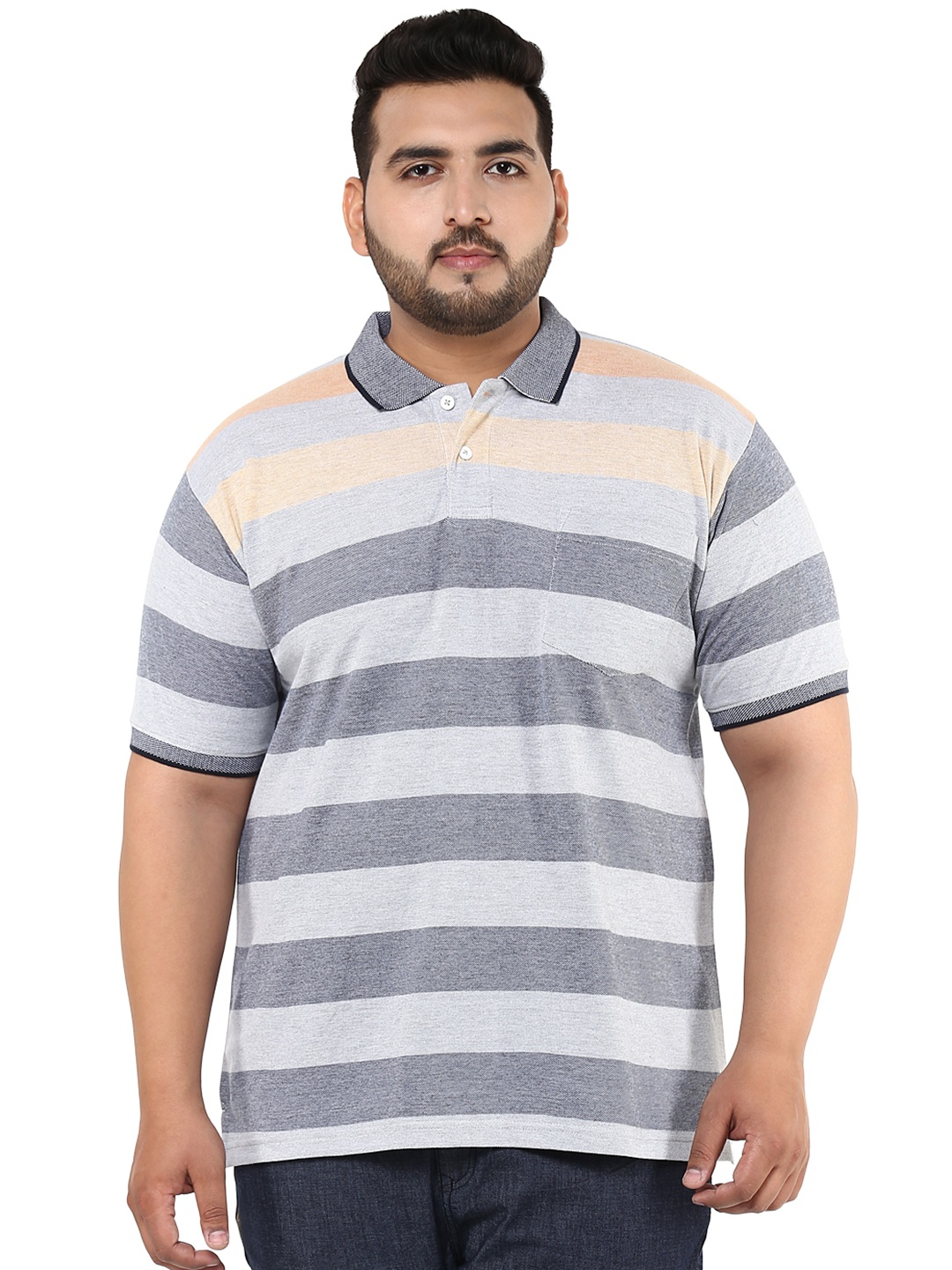 

John Pride Plus Size Men Grey Melange Striped Polo Collar T-shirt