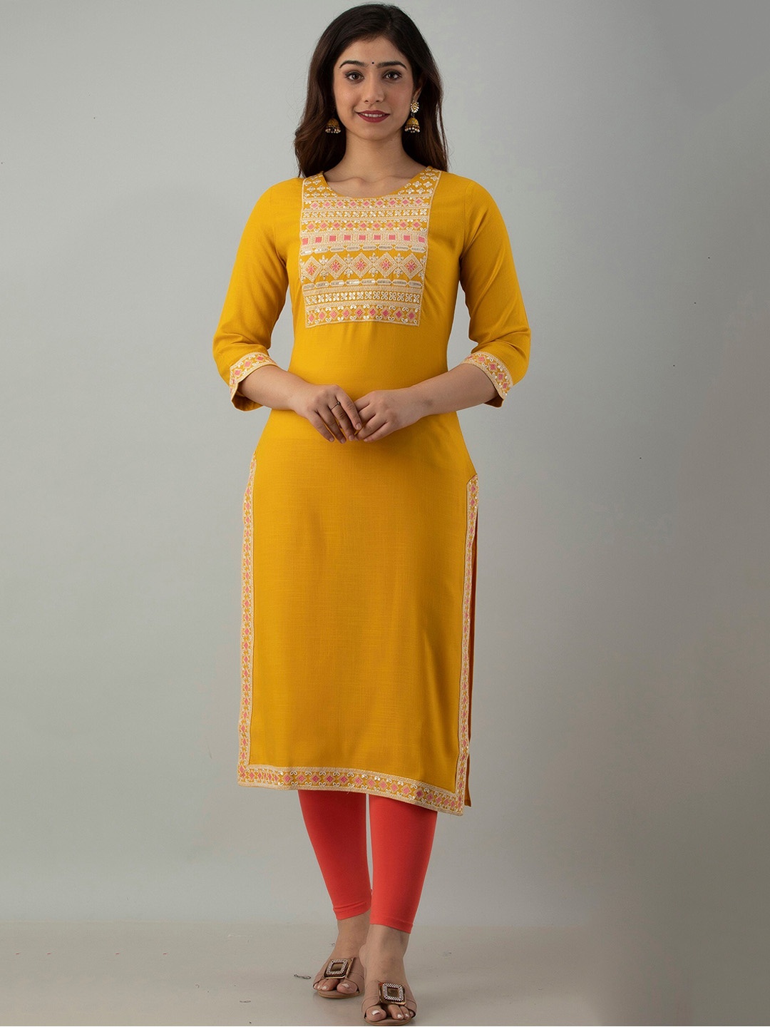 

Charu Women Mustard Yellow Thread Work Kurta