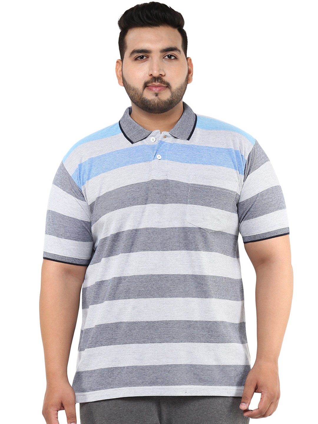 

John Pride Plus Size Men Grey Melange White Striped Polo Collar T-shirt