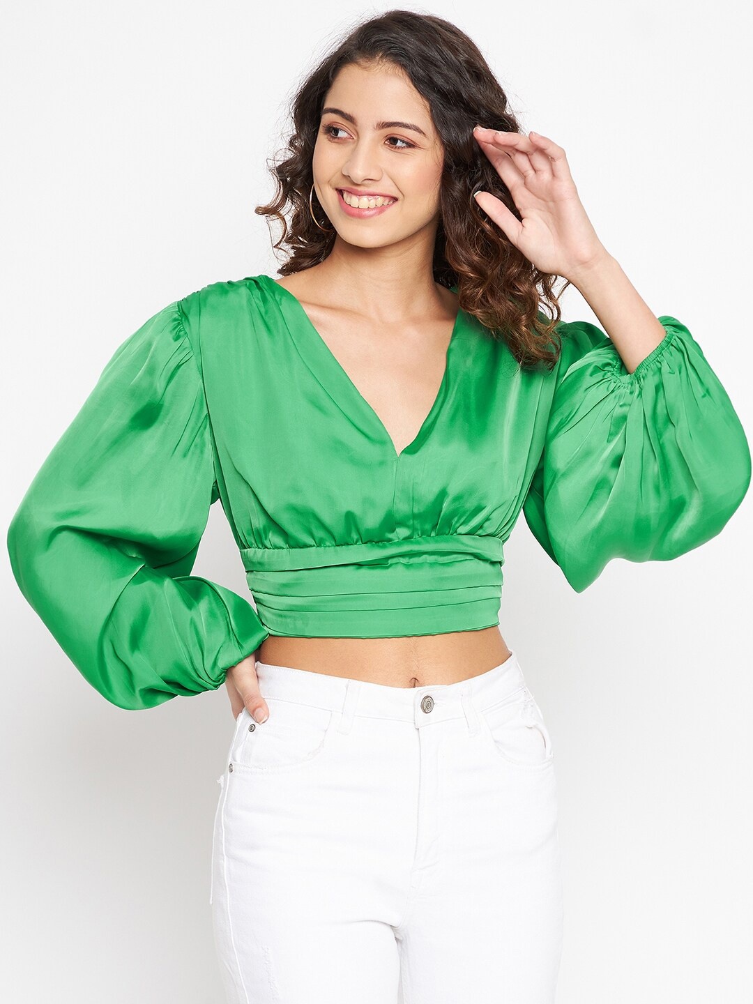 

JUNE & HARRY Women Green Blouson Crop Top With Puff Sleeves