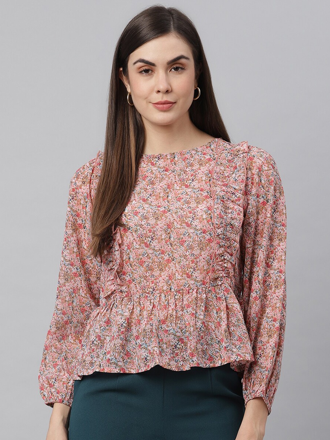 

JUNE & HARRY Peach-Coloured Floral Print Ruffles Georgette Peplum Top