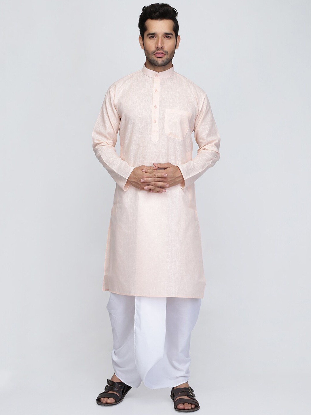 

ROYAL KURTA Men Peach-Coloured Striped Pure Cotton Kurta with Trousers