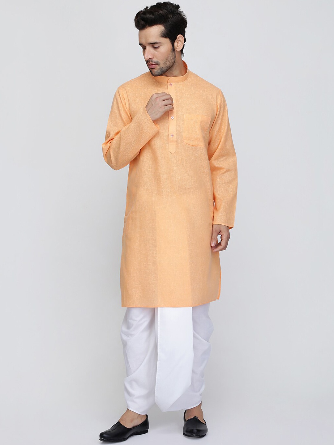 

ROYAL KURTA Men's Orange Striped Pleated Pure Cotton Kurta And Dhoti Set