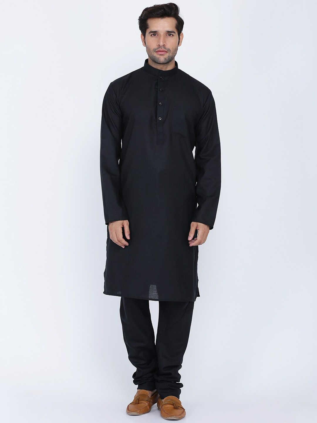 

ROYAL KURTA Men Black Pleated Pure Cotton Kurta with Pyjamas