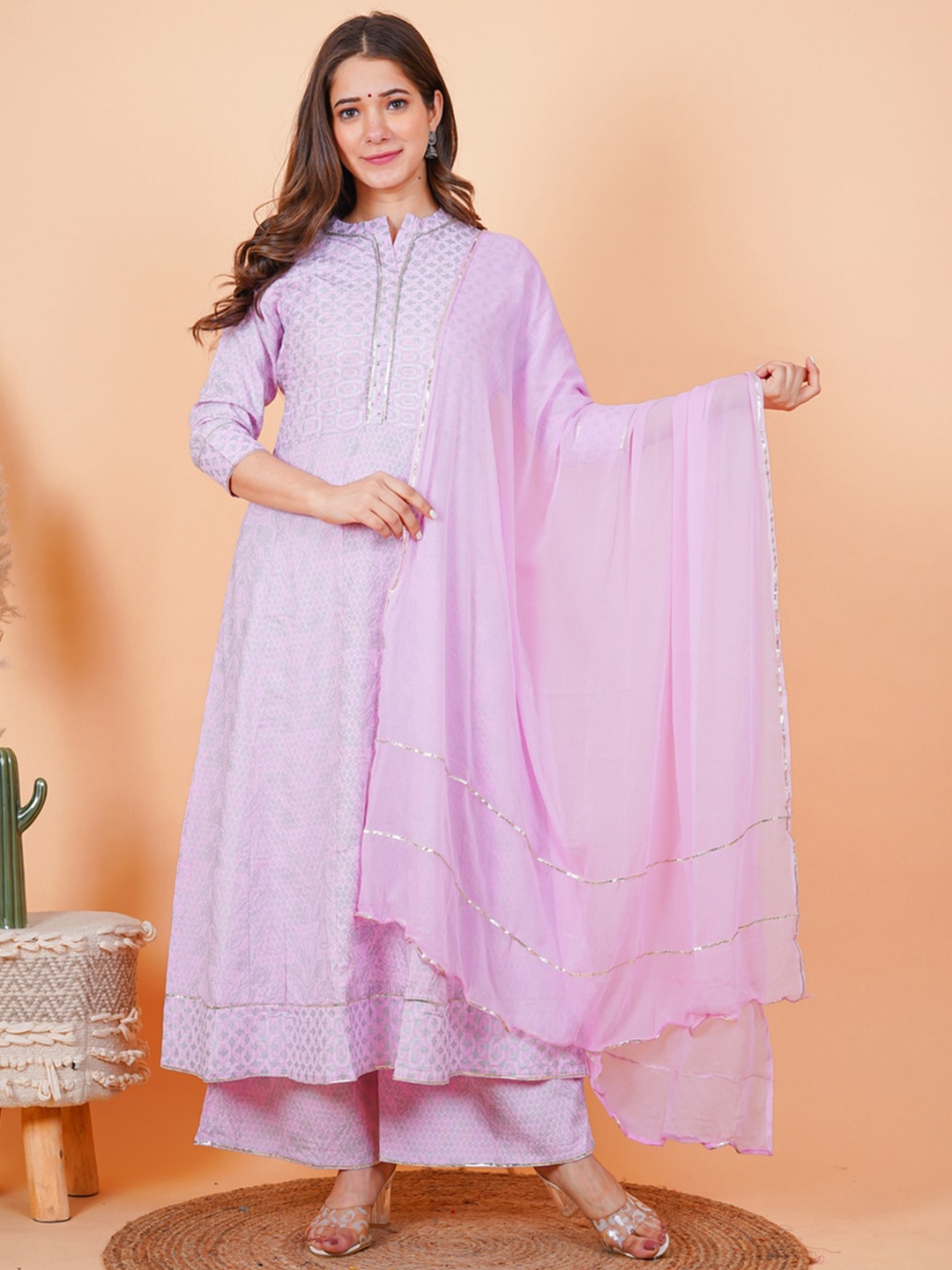

TOULIN Women Pink Striped Layered Kurta with Palazzos & With Dupatta
