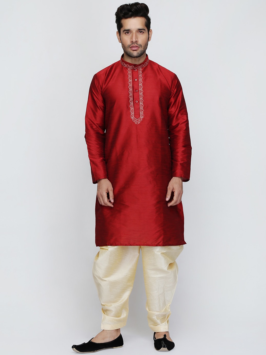 

ROYAL KURTA Men Maroon Embroidered Dupion Silk Kurta with Dhoti Pants