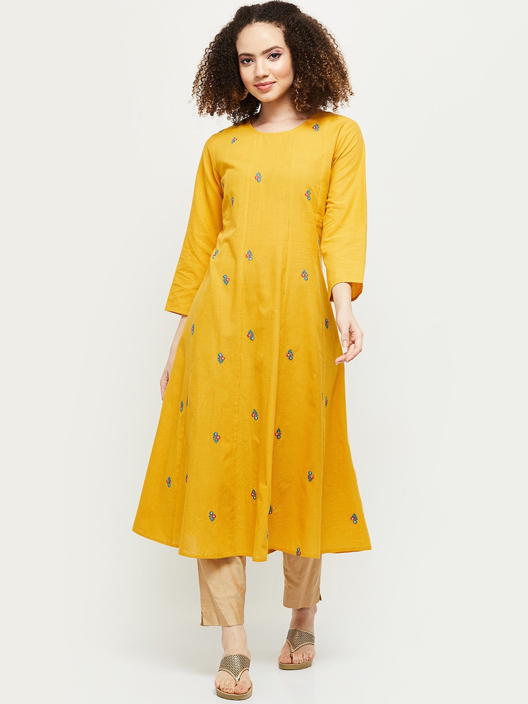 

max Women Mustard Yellow Floral Embroidered Anarkali Kurta