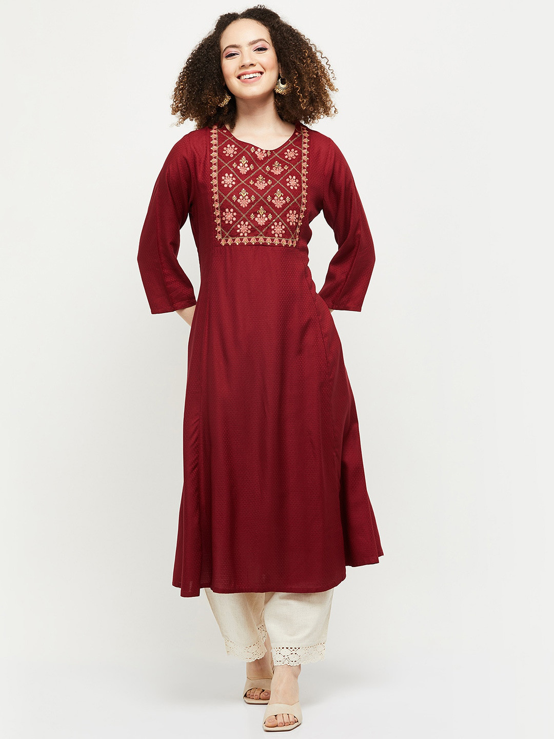 

max Women Red Yoke Design Thread Work Anarkali Kurta