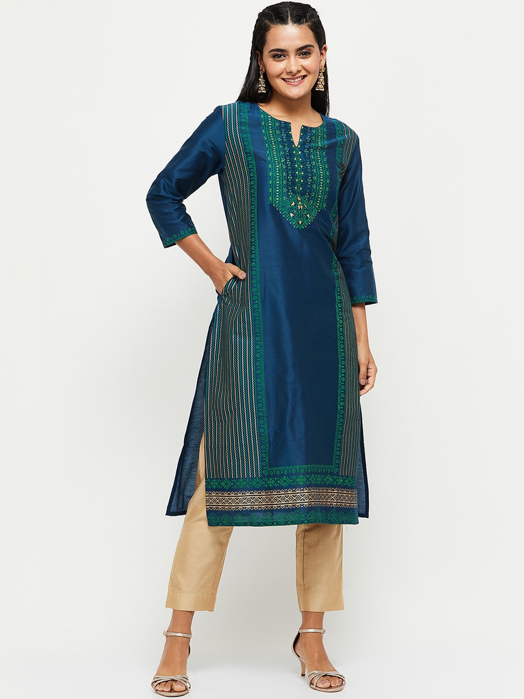 

max Women Blue Ethnic Motifs Printed Keyhole Neck Kurta