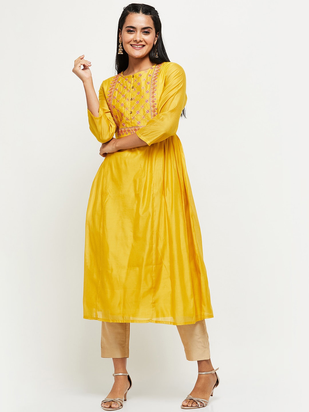 

max Women Mustard Yellow Ethnic Motifs Striped Thread Work Kurta