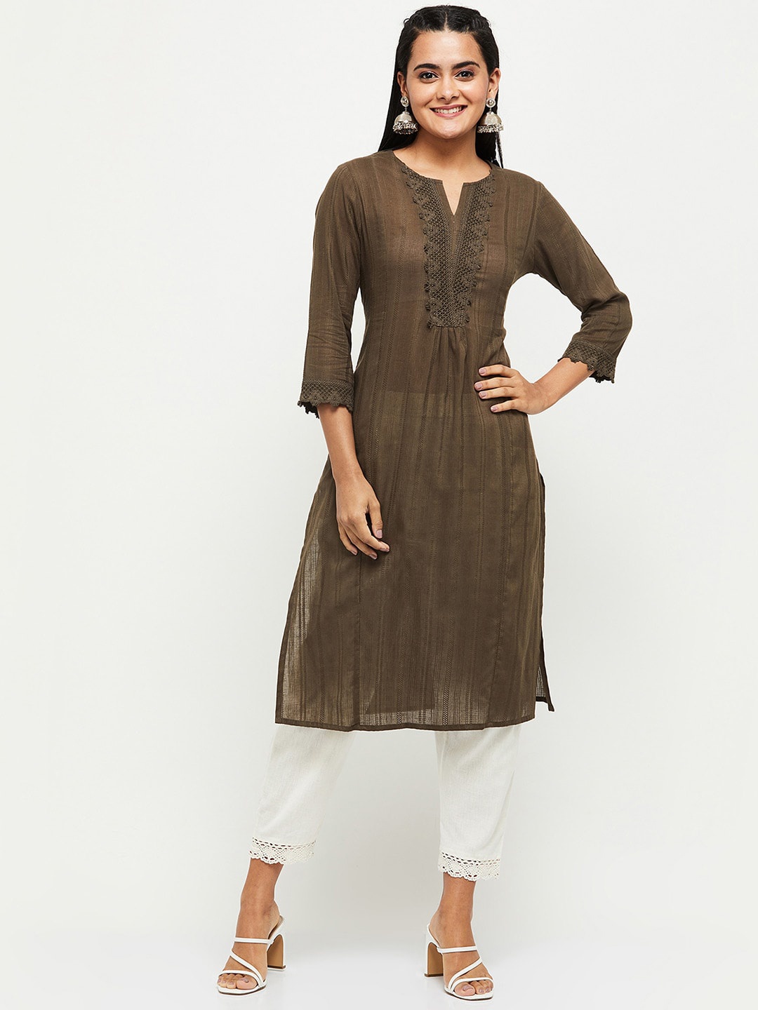 

max Women Brown Keyhole Neck Kurta
