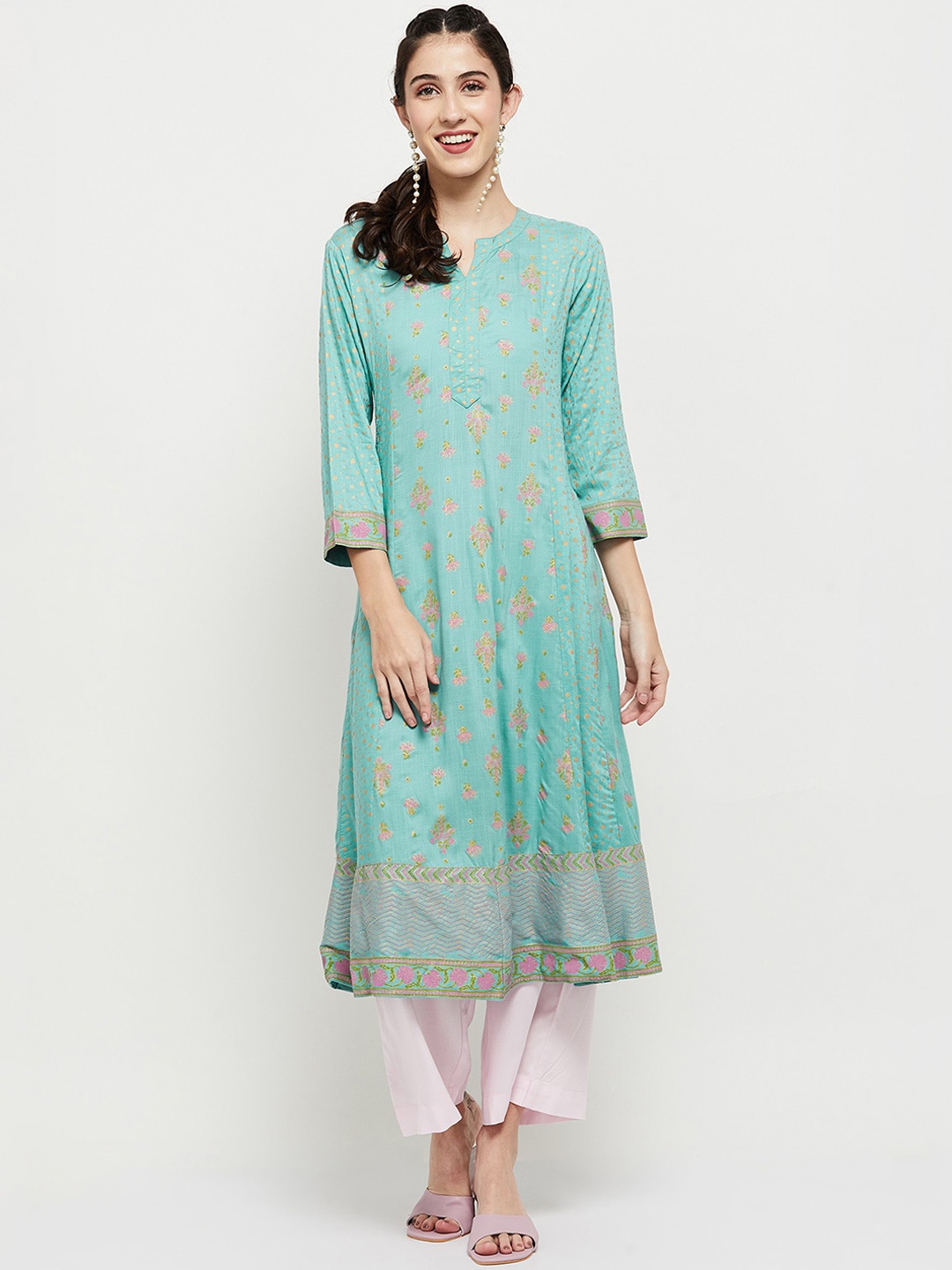 

max Women Blue Ethnic Motifs Printed Keyhole Neck Anarkali Kurta