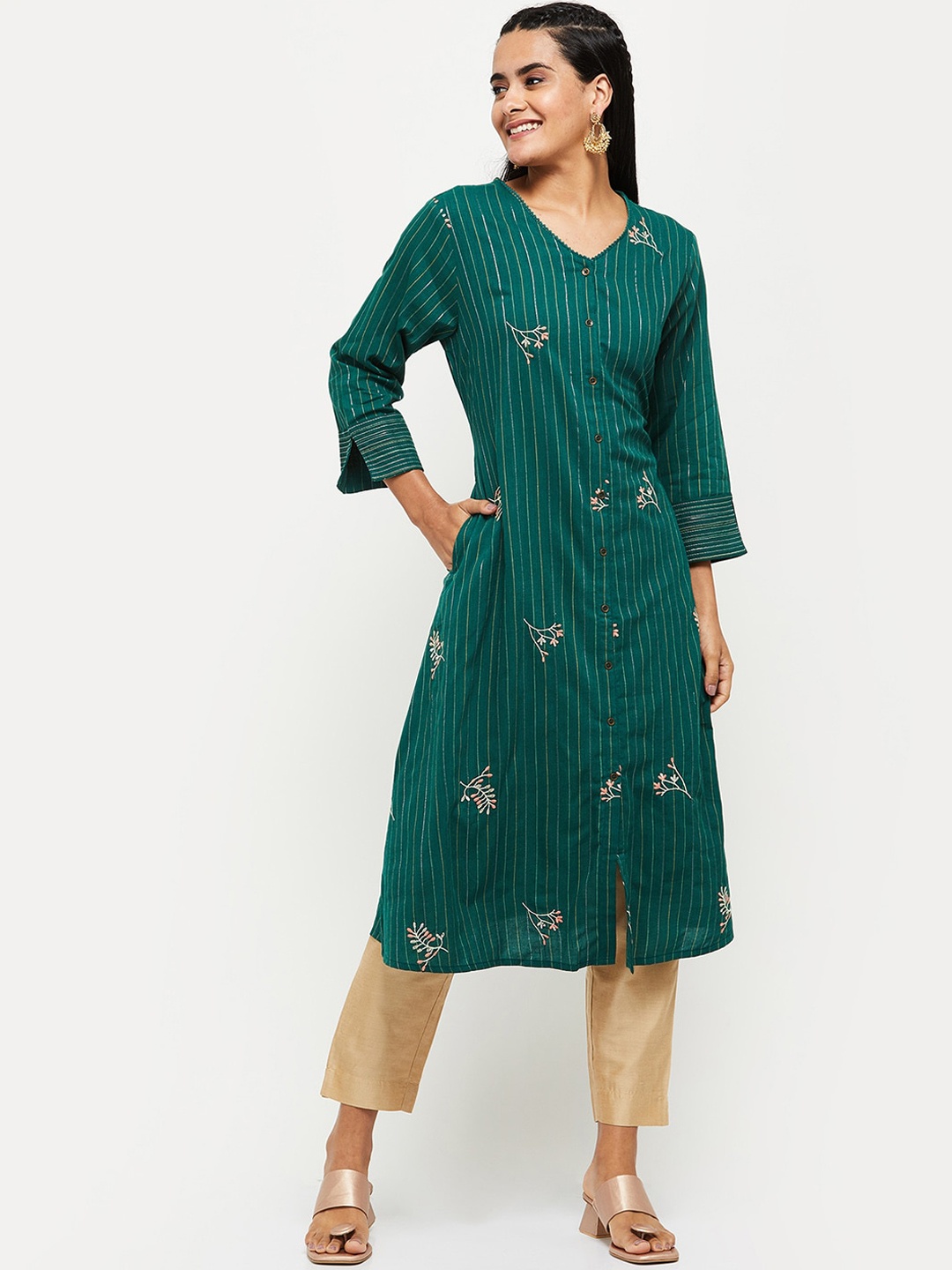 

max Women Green Striped Cotton Kurta