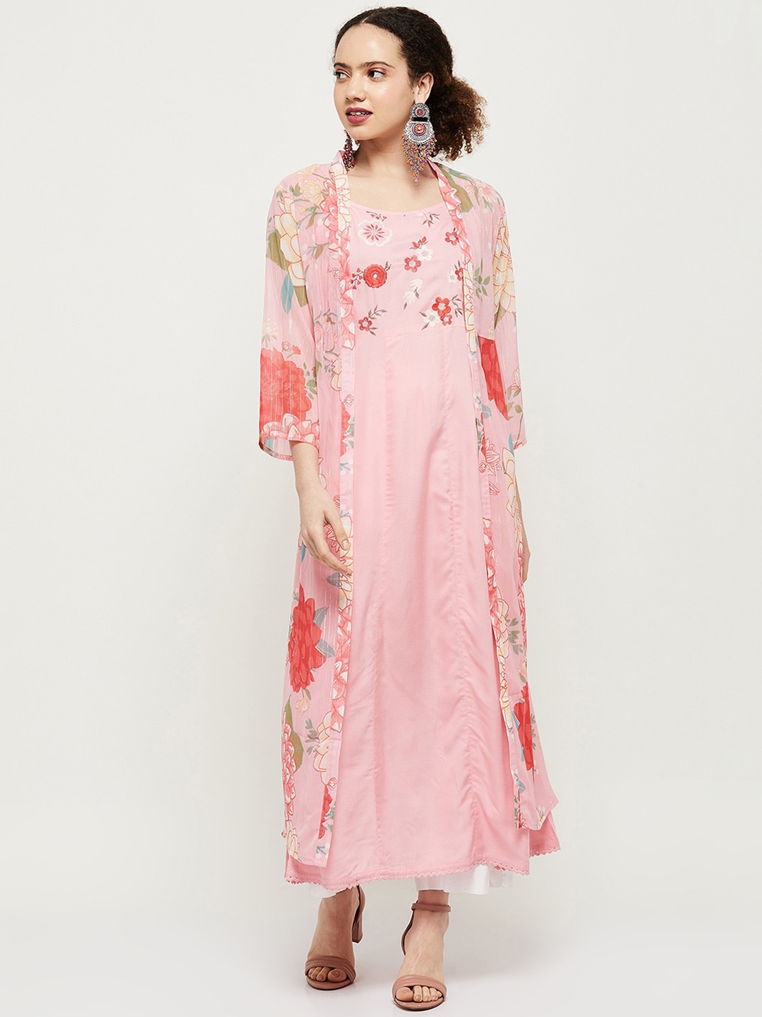 

max Women Pink Floral Printed Flared Sleeves Thread Work Anarkali Kurta