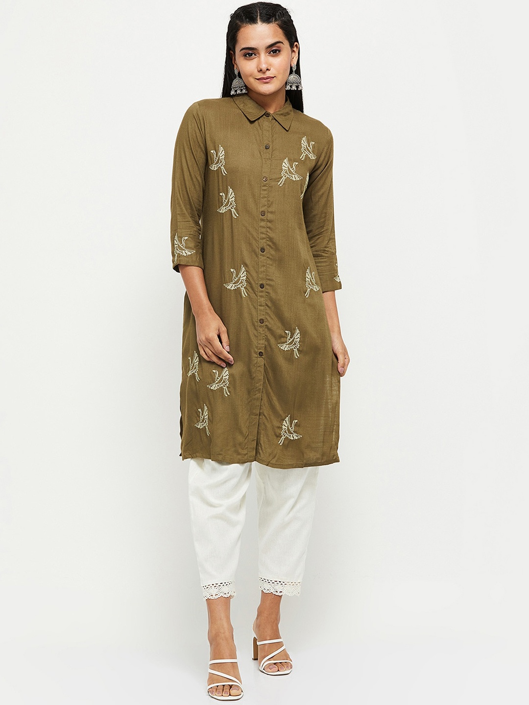 

max Women Olive Green Floral Embroidered Thread Work Kurta