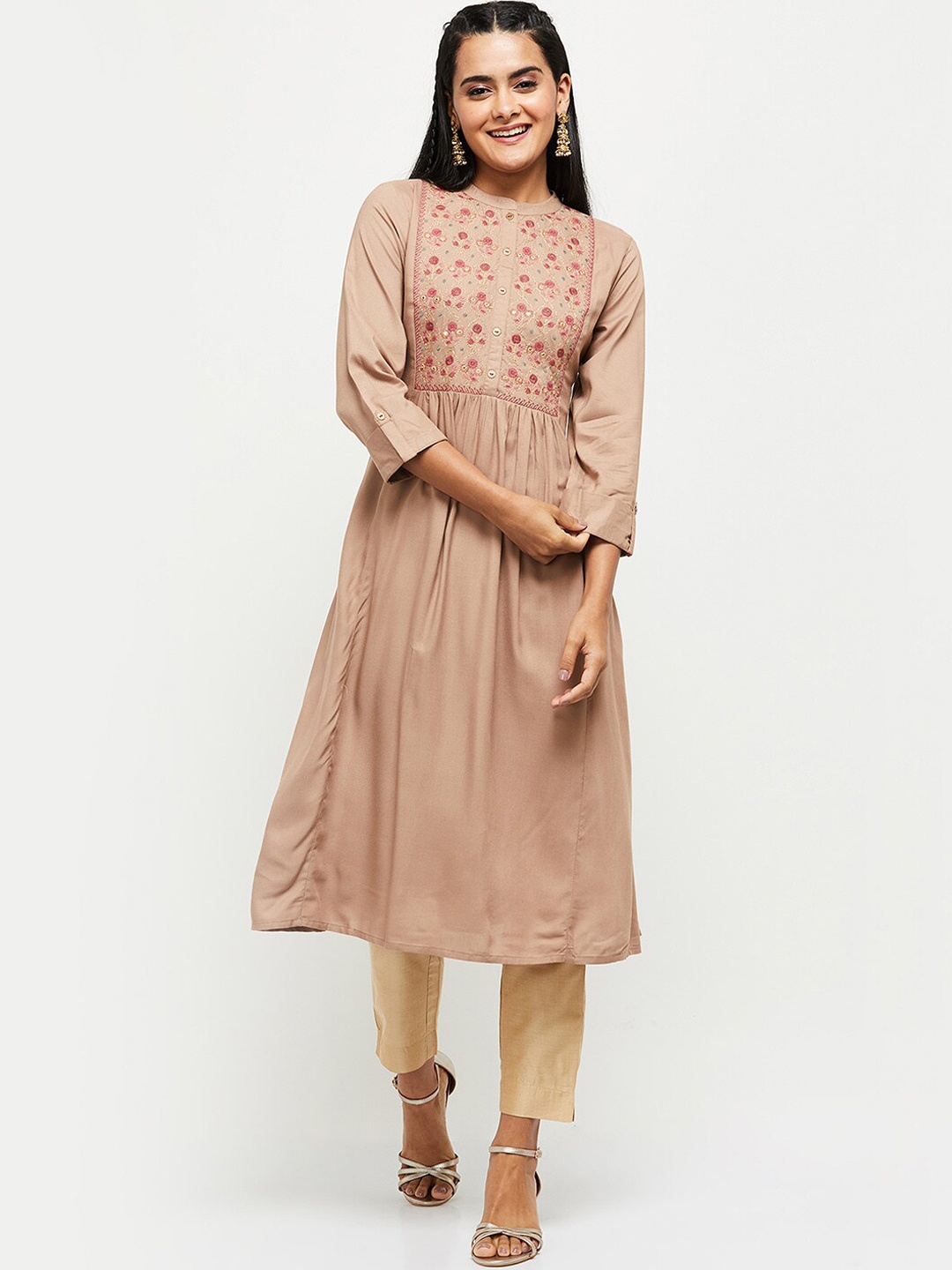 

max Women Taupe Yoke Design Thread Work Anarkali Kurta