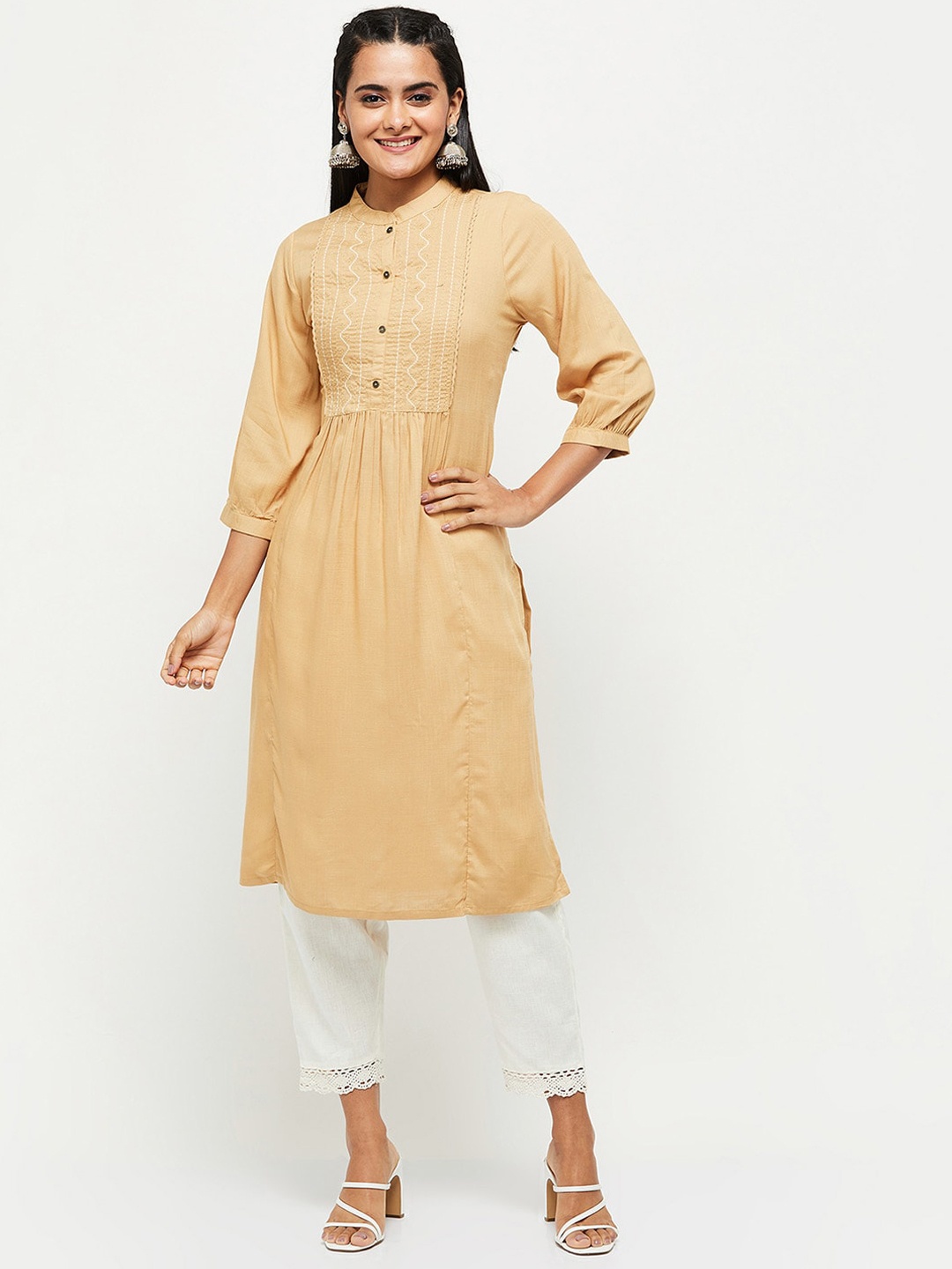 

max Women Mustard Yellow Yoke Design Thread Work Kurta