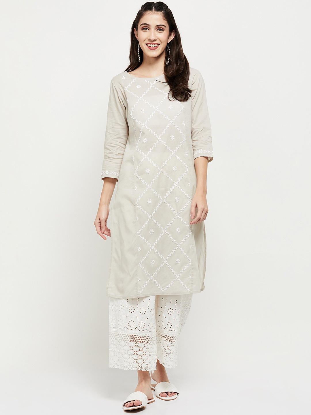 

max Women Grey Geometric Checked Kurta