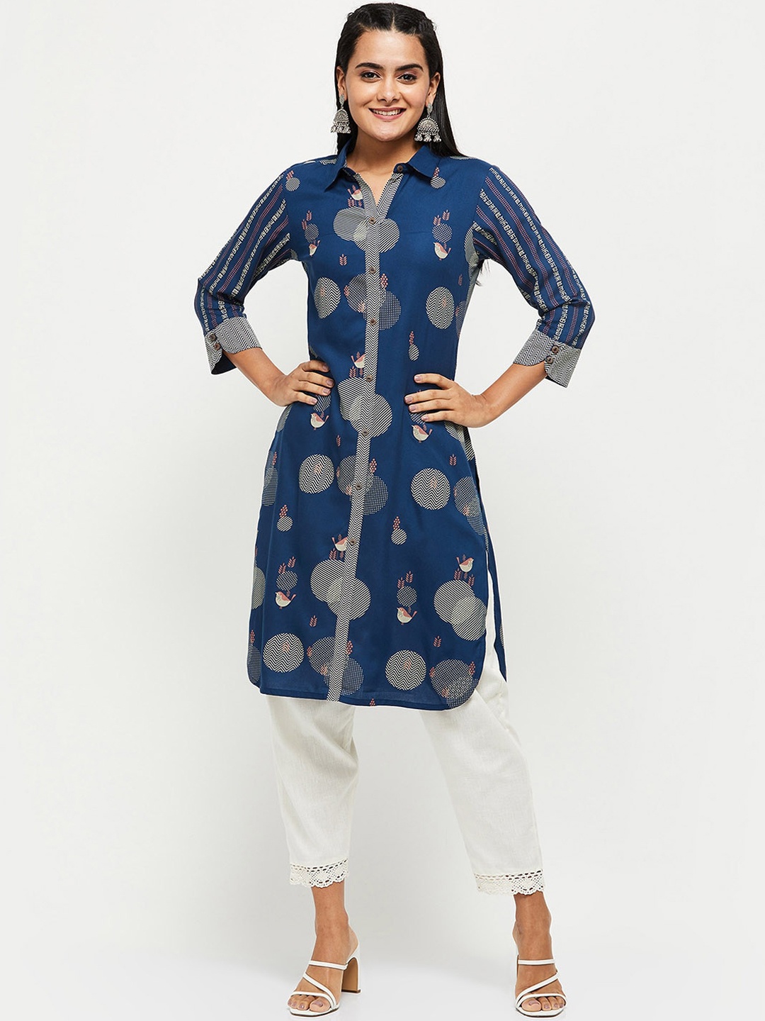 

max Women Blue Ethnic Motifs Printed Thread Work Pathani Kurta