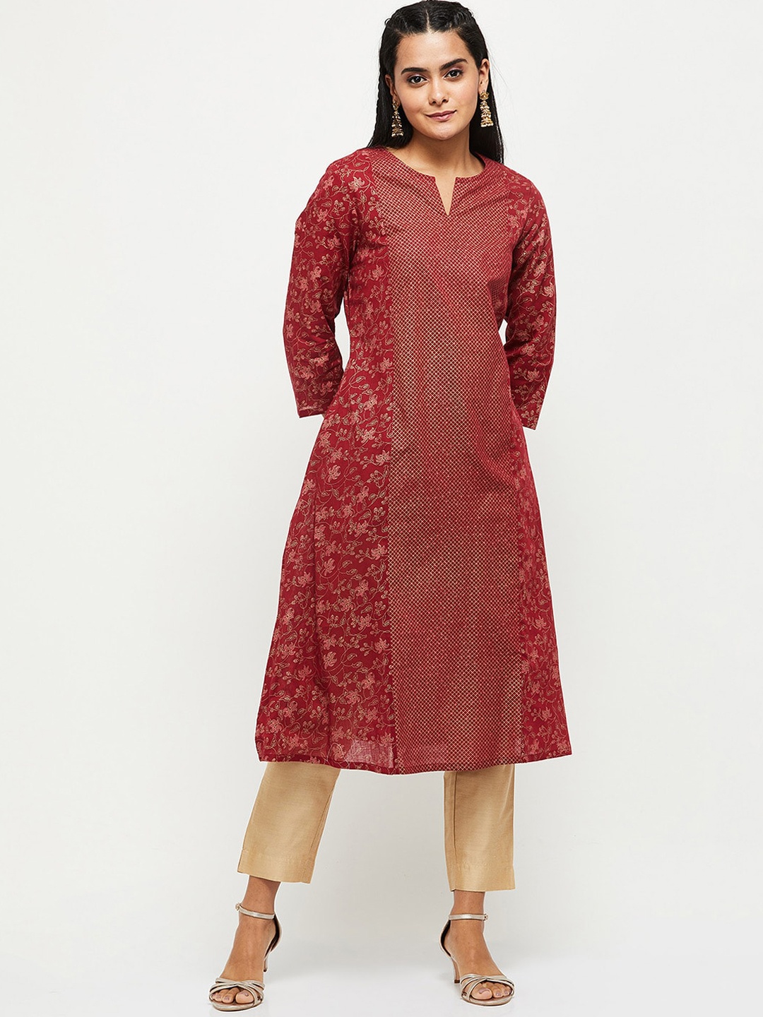 

max Women Yellow Ethnic Motifs Printed Keyhole Neck Kurta