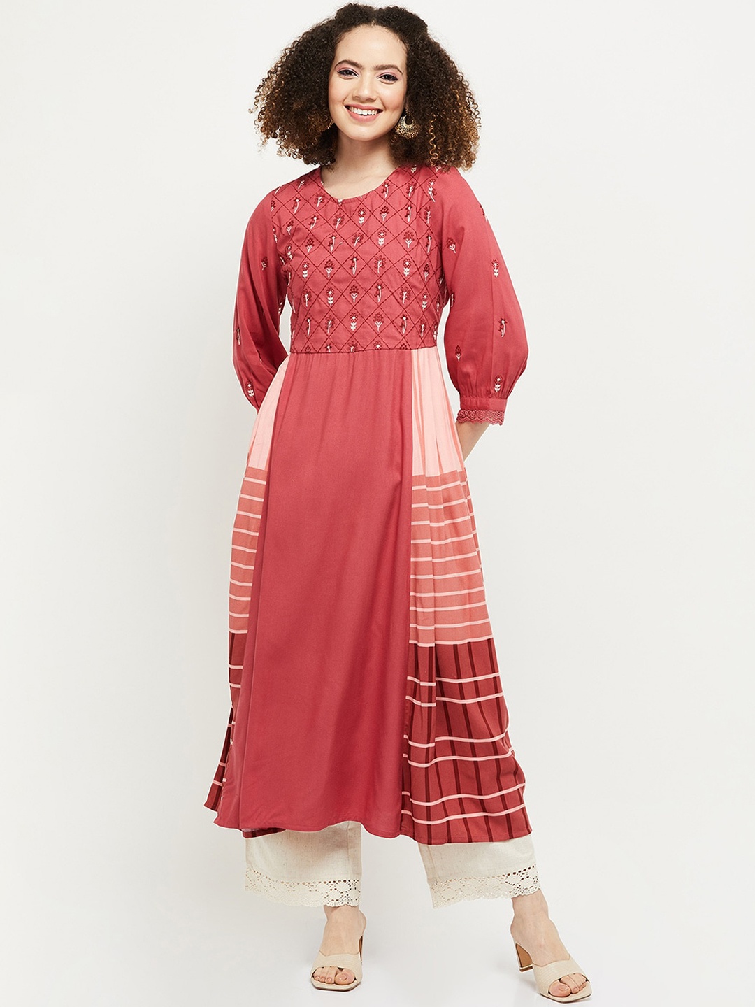 

max Women Red Ethnic Motifs Embroidered Thread Work Anarkali Kurta