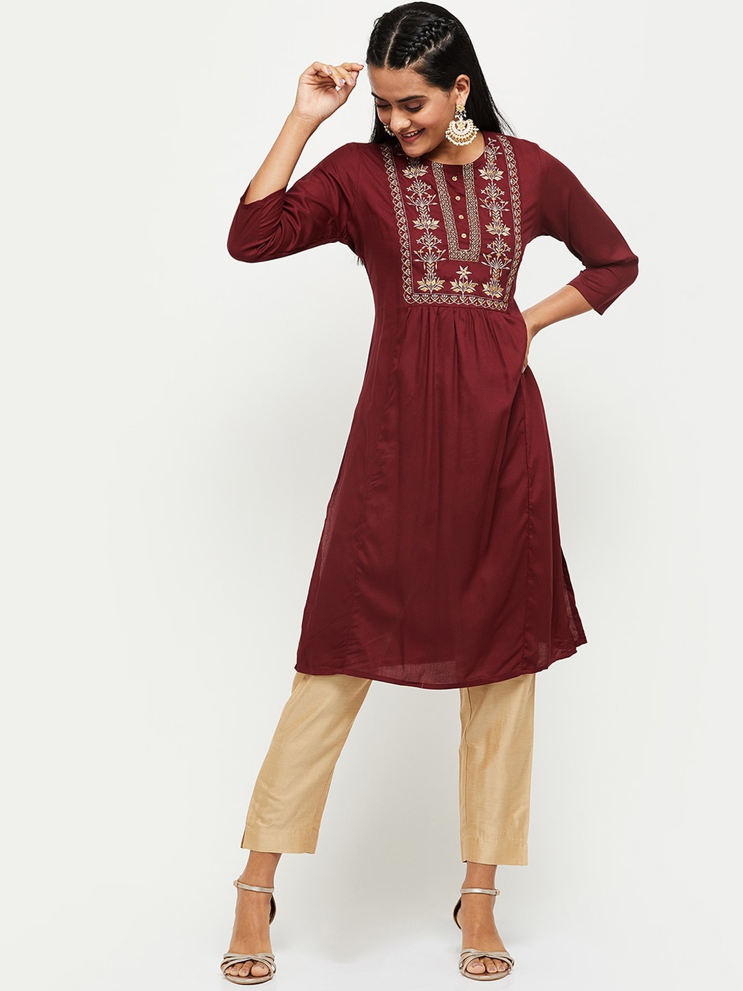 

max Women Maroon Yoke Design Mirror Work Anarkali Kurta