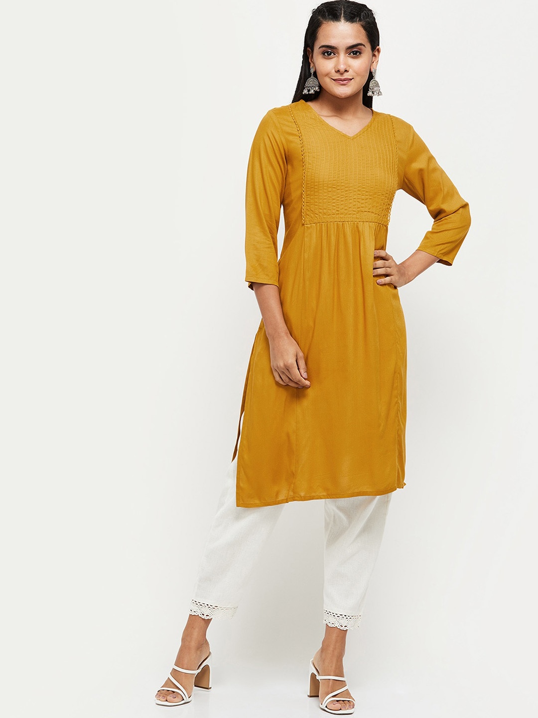 

max Women Mustard Yellow Flared Sleeves Thread Work Kurta