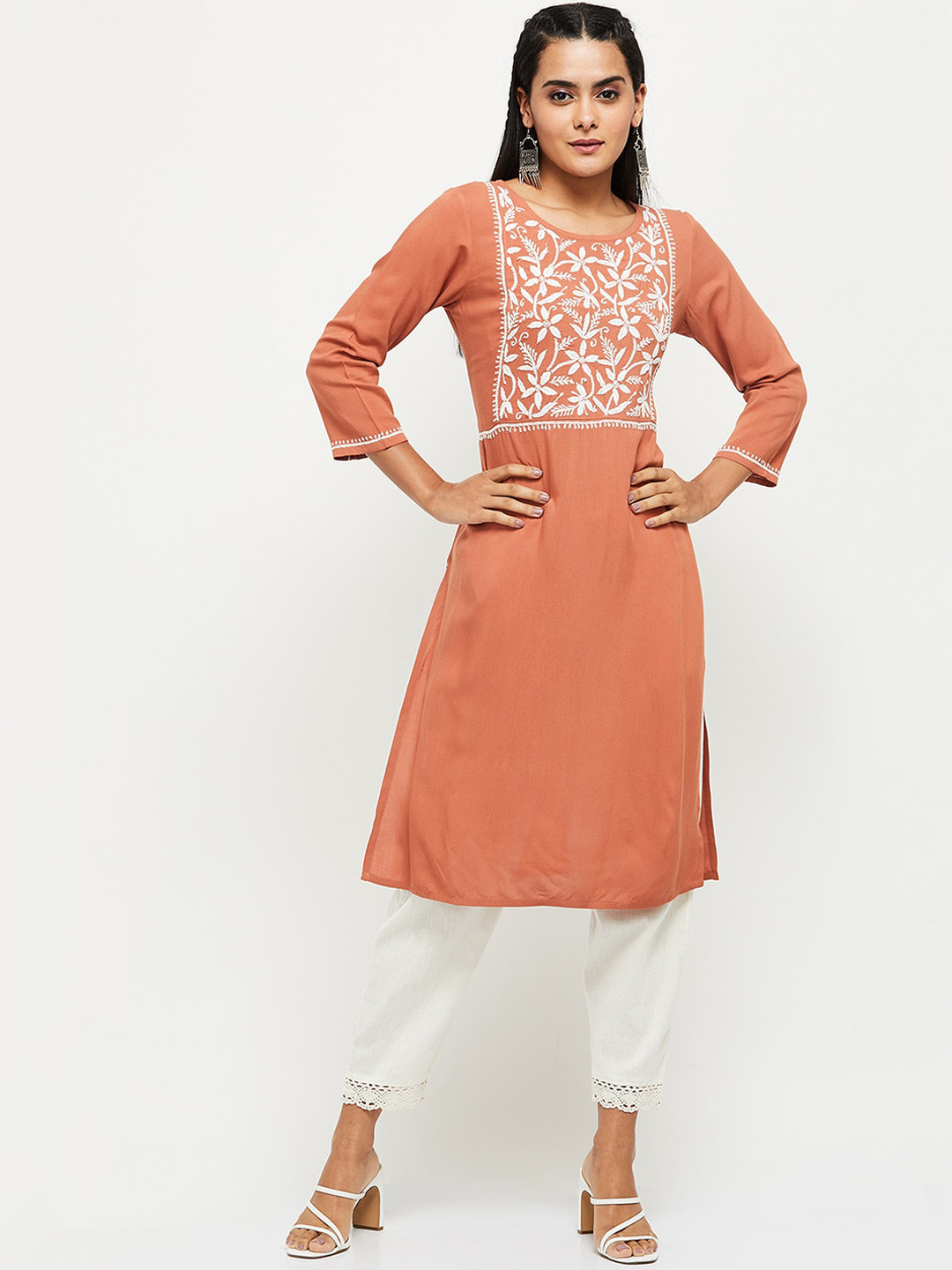 

max Women Rust Floral Yoke Design Straight Kurta