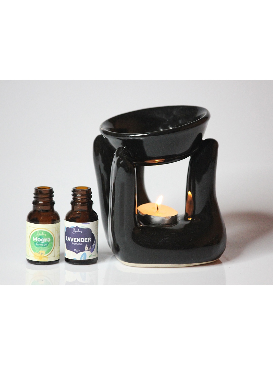 

Brahmz Ceramic Healing Hand Tea Light Candle Aroma Oil Diffuser Burner with 2 Aroma Oils, Black