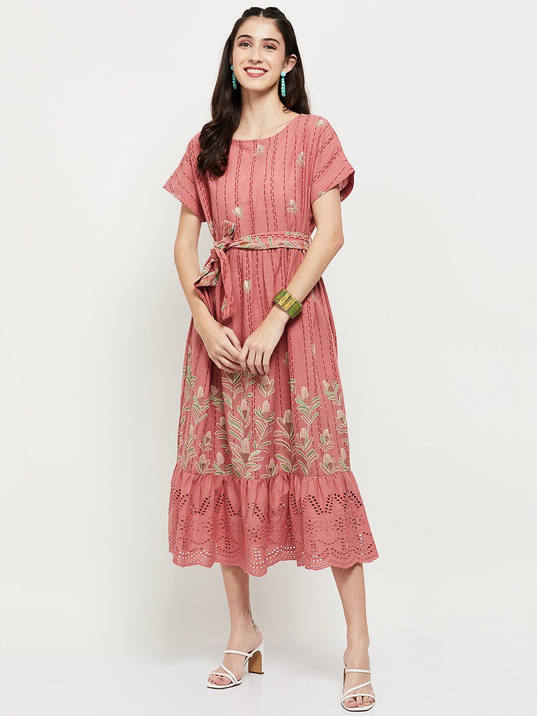 

max Pink Floral Print Midi Dress With Waist Belt